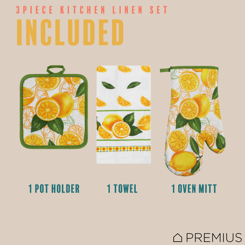 Ensemble de linge de cuisine imprimé 3 pièces PREMIUS, citron, 1 serviette en coton, 1 support à casserole, 1 gant de cuisine