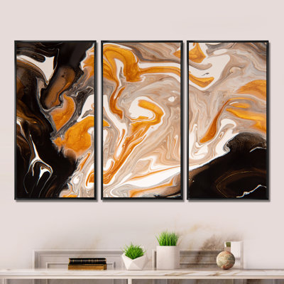 «Orange and Black Marble Waves I», reproduction de cadre flottant sur toile 3 pièces