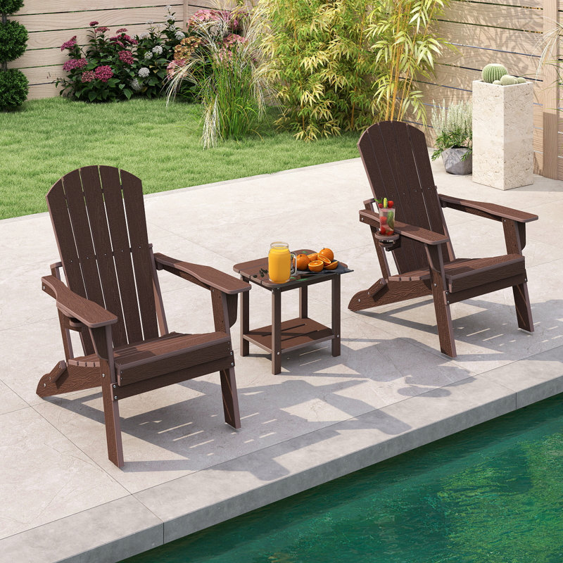 3-piece Hdpe Adirondack Chair Set With 2-tier Side Table – Foldable Outdoor Lounge Chairs With Cup Holders, All-weather Poly Lumber Patio Furniture For Garden, Porch & Poolside