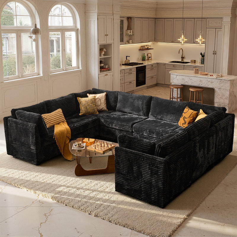 Nathasa 8-Piece Upholstered Corduroy Sectional, Black Corduroy