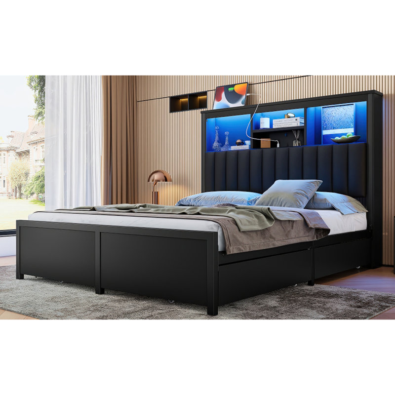King Bed Frame with High Storage Headboard,  Bed Frame with  LED light and Charging Station , 4 Storage Drawers , No Box Spring Needed/Noise Free/All-Metal Support, Black