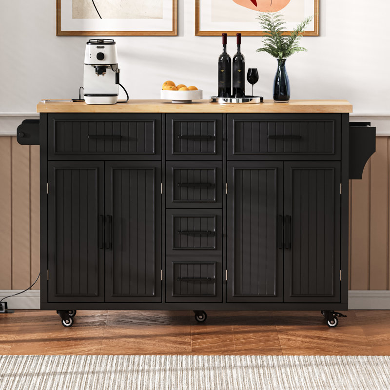 56.5'' Kitchen Island With Drop Leaf, Power Outlet, Embossed Vertical Stripe Rolling Kitchen Cart On Wheels With 4 Doors , 5 Deep Drawers And Adjustable Shelves, For Kitchen, Dining Room