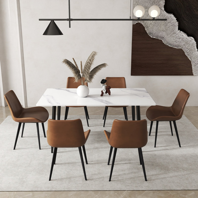Ensemble de table de salle à manger moderne en pierre frittée 7 pièces avec 6 chaises en similicuir Juvan, Blanc neige, Brun