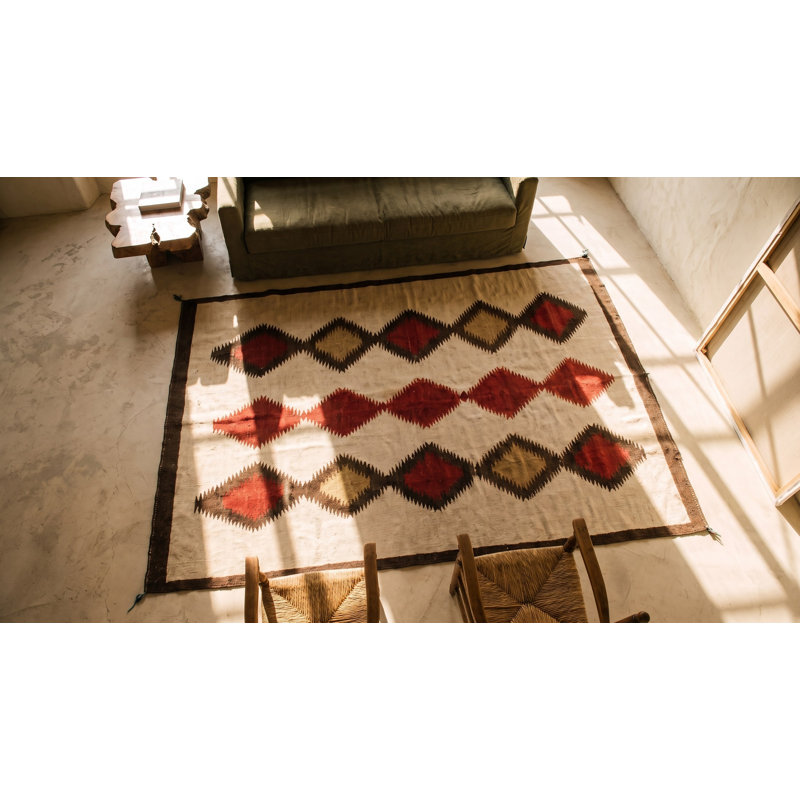 Rectangle Ivory Beige Cream White Allover Geometric 1930s Wool Flat Weave Antique Rug