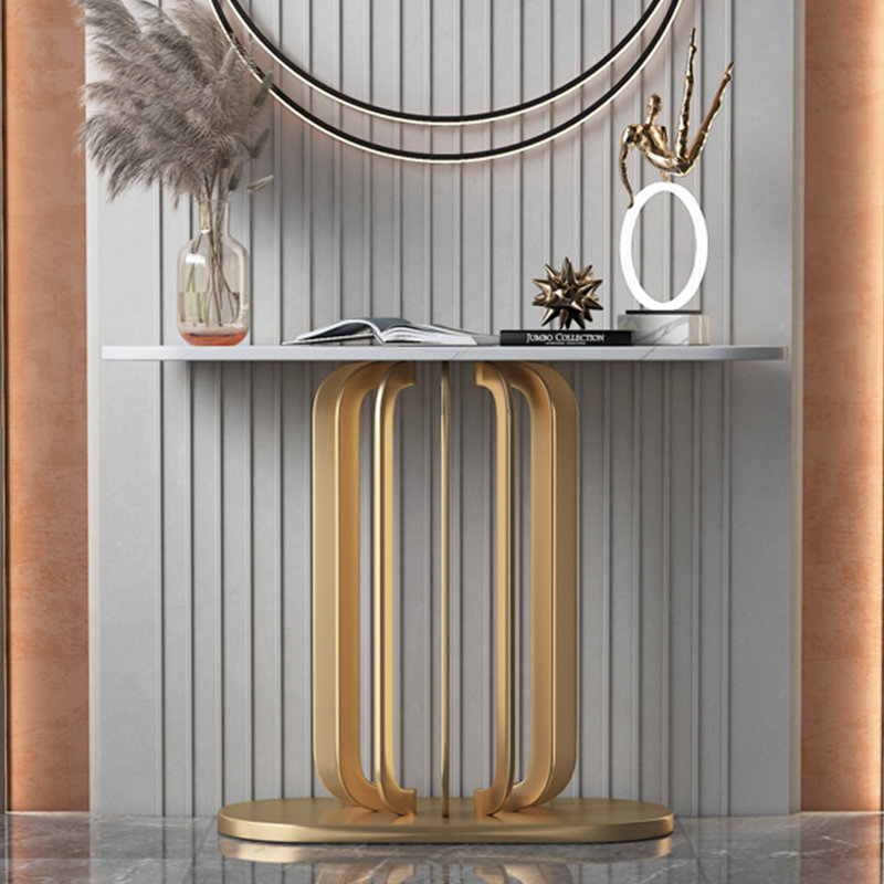Console ovale luxueuse de style italien, H 33,5 po x l 59 po x P 13,8 po, Blanc, Doré