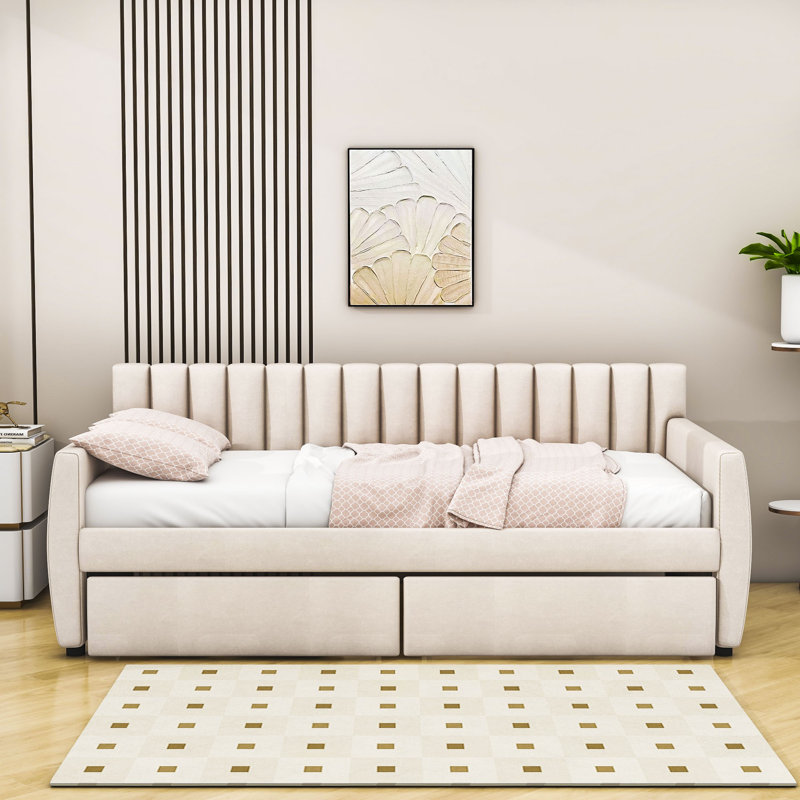 Lit de jour simple tapissier 2 tiroirs, Beige