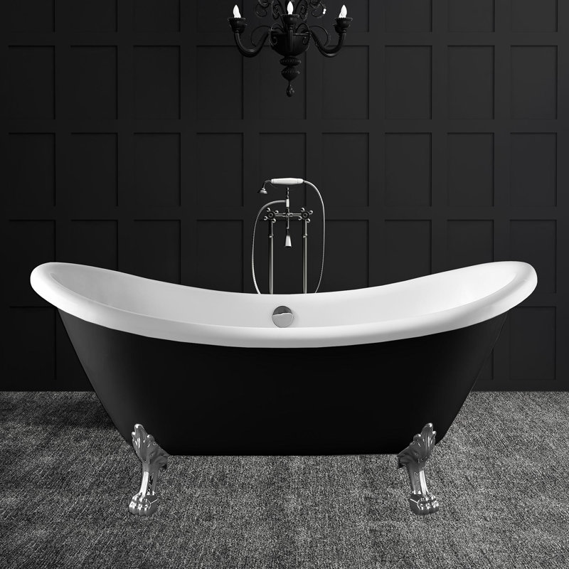 59" x 28" Clawfoot Soaking Acrylic Bathtub, Black, Chrome