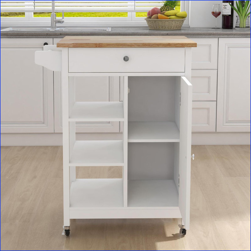 Îlot de cuisine avec chariot de rangement, roues verrouillables et amp; Porte-serviettes | Blanc | Panneau de fibres à densité moyenne et amp; Bois d'hévéa