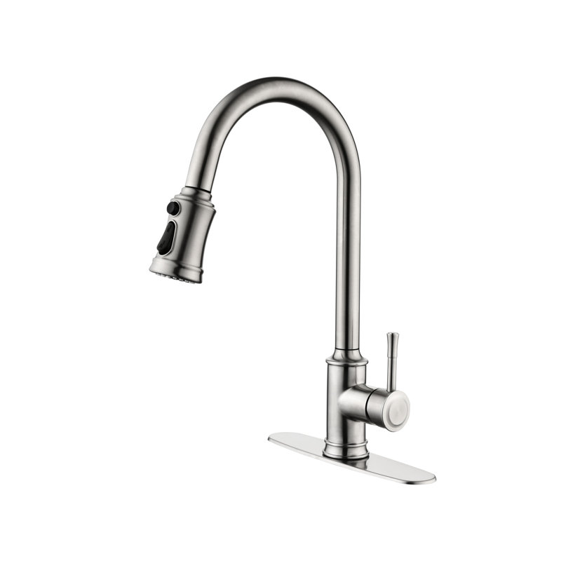 Brushed Nickel Sink Faucet With Pull Down Spray Head And Corrosion Coating High Arc Out Kitchen In Single Handle Control