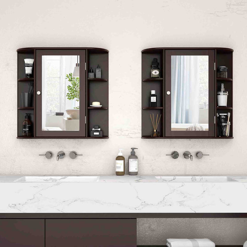 650mm W 640mm H Wall Mounted Required Framed Medicine Cabinet With Mirror And Adjustable Shelf, Brown