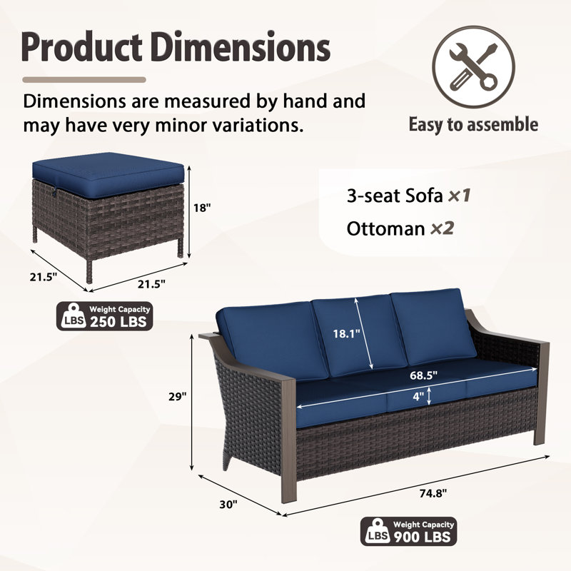 3-Piece Patio PE Wicker Conversation Set with 3-Seat Sofa, Ottomans & Blue Cushions, Blue
