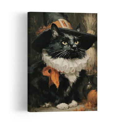 Élégante sorcière noire, style vintage et fantaisiste, portrait de chat d'automne, affiche murale