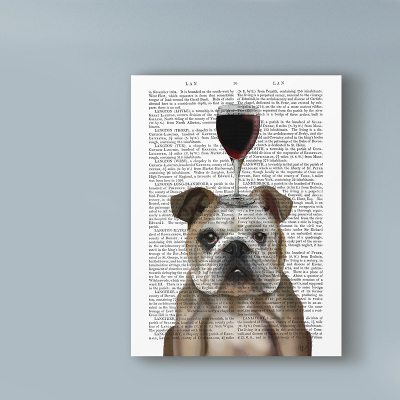 «Dog Au Vin, English Bulldog on Text», art textuel sur toile tendue, H 19 po x l 14 po x P 2 po