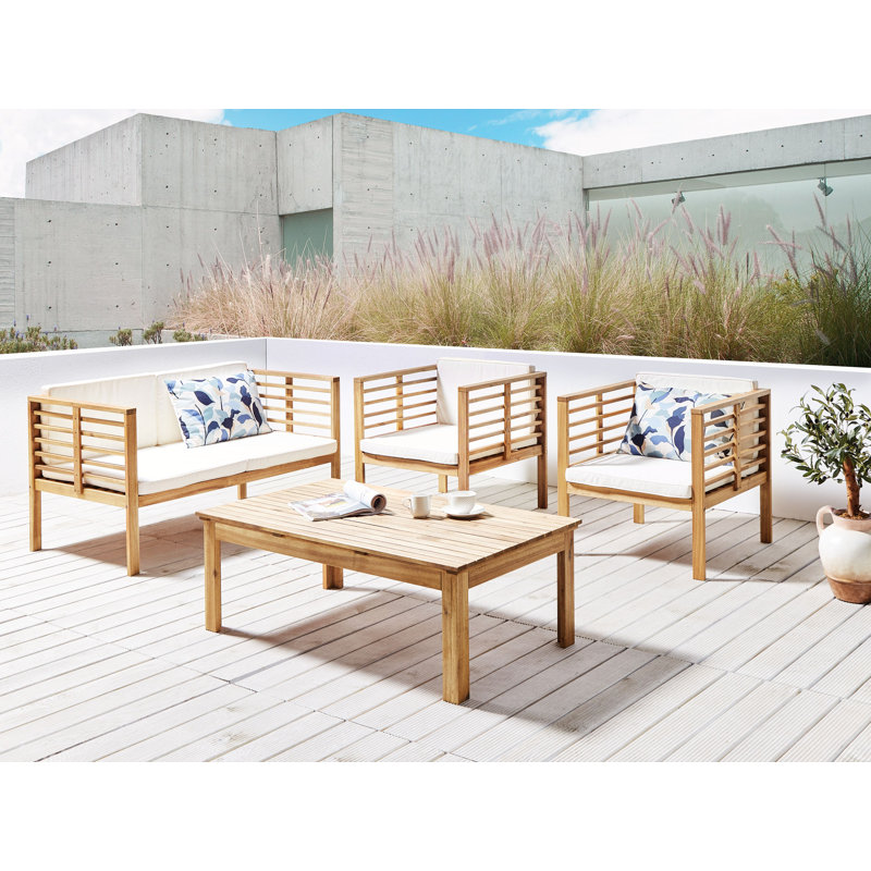 4 Seater Acacia Garden Sofa Set Light Wood with White Mathilda