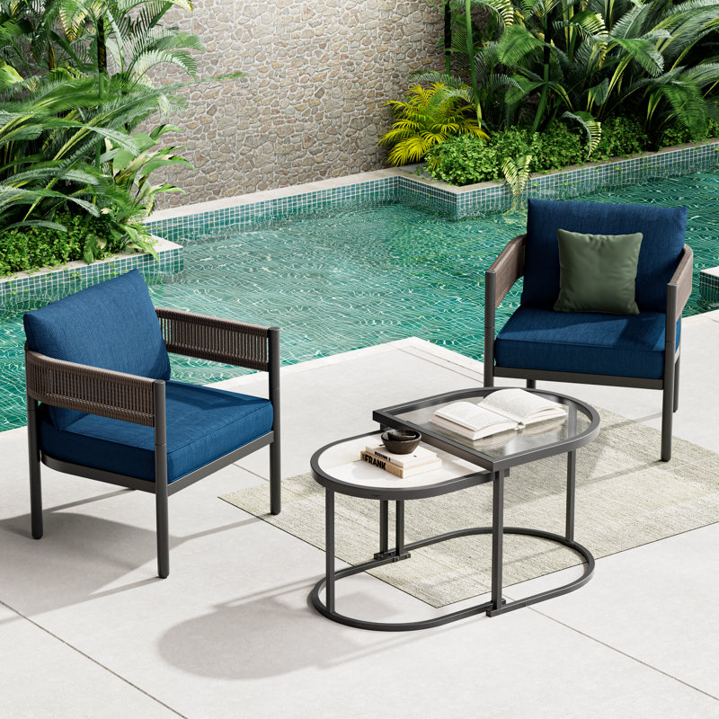 Maine Defino 4 Piece Steel Wicker Seating Group With Cushions, Peacock Blue Cushion/Brown Arm