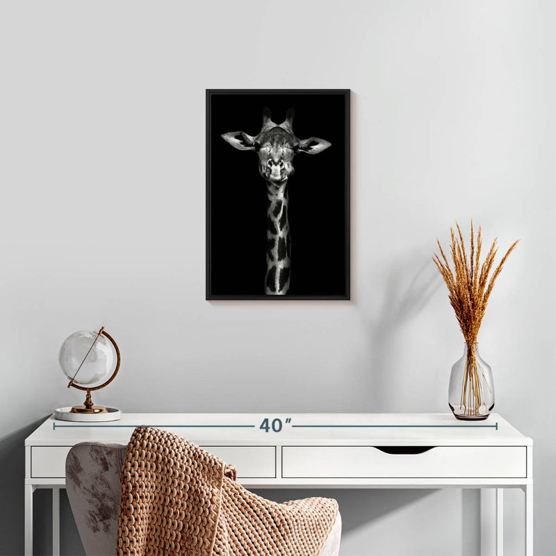Tête de girafe monochrome, 13 po x 19 po, Cadre flottant noir