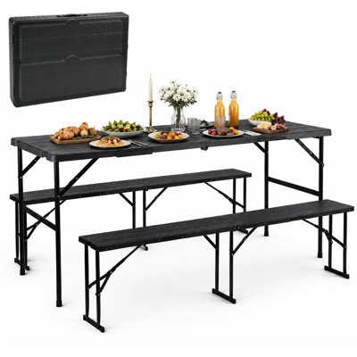 6 Foot Plastic Folding Picnic Table and Bench Set, 3 Piece Portable Indoor Outdoor Dining Set with Wood Grain Surface, for Patio, Backyard, Camping and Gatherings(Black)