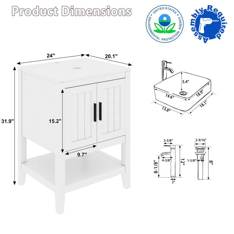 Ensemble de meuble-lavabo simple 24 po avec lavabo vasque, robinet et drain Sharee, assemblage requis, Blanc
