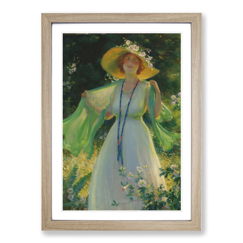 Lady in a Summer Garden by Charles Curran - Picture Frame Painting, 65cm H x 48cm W x 2cm D, Oak Framed