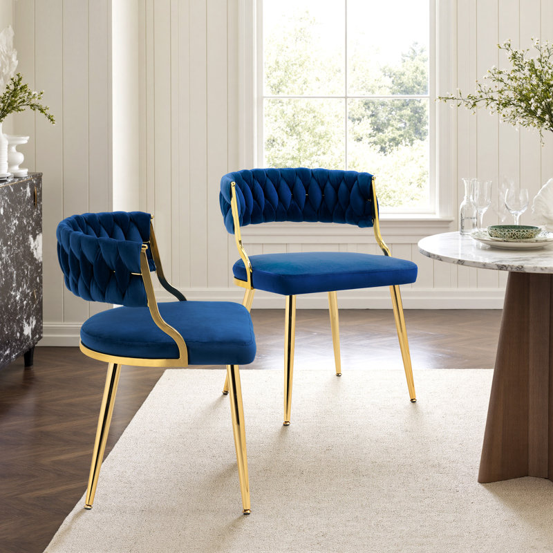 Christal 2 Piece Tufted Velvet Curved Weaved Back with Metal Legs Side Dining Chair Set, Navy Blue