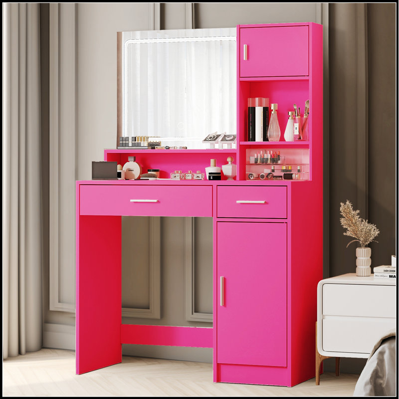 Elegant Vanity Desk With Mirror, LED Light Strip, And Ample Storage, Perfect For Modern Bedrooms And Makeup Routines.