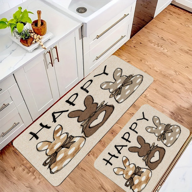 Tapis de cuisine 2 pièces Happy Burlap Bunnies, Lapins en toile de jute brun