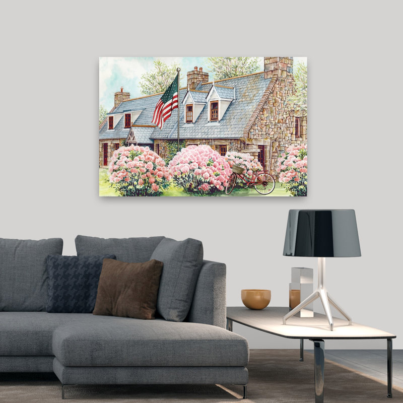 Paysage d'été rustique hortensia contemporain, art architectural, H 32 po x l 48 po