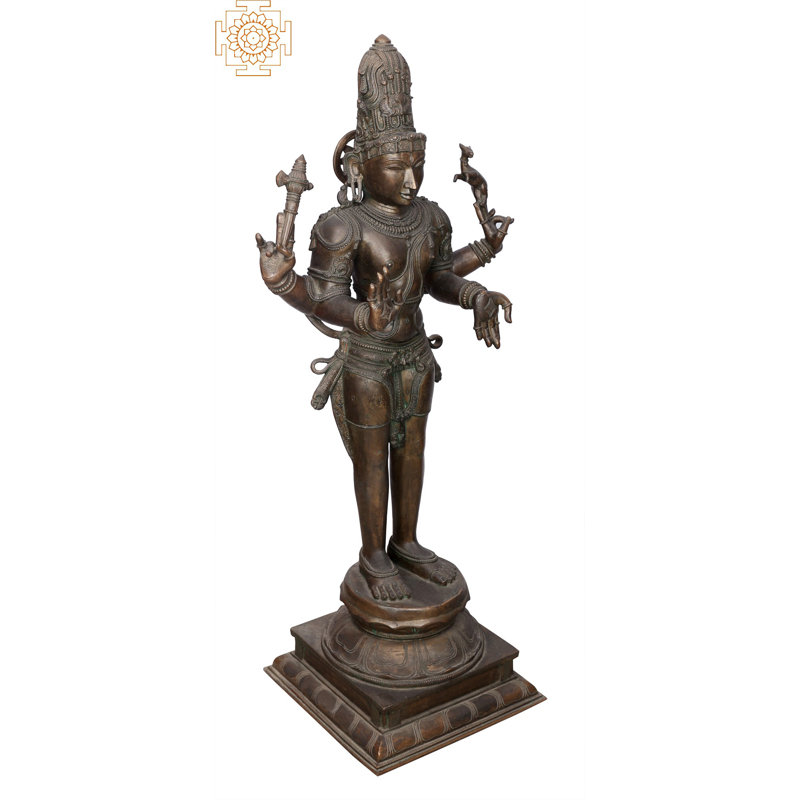 Grande statue de Shiva Panchaloha en bronze de 40 po - Figurine Mahadev à quatre bras Madhuchista Vidhana fabriquée à la main avec Abhaya et Varada Mudras