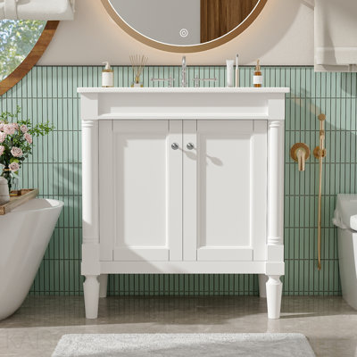 30" Luxurious Bathroom Vanity Cabinet With Ceramic Sink Basin, 30-Inch, Storage Cabinet With Soft Close Doors And Solid Wood Legs