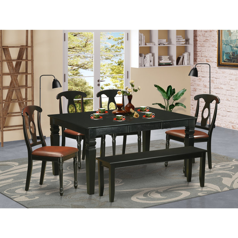 6 Piece Dining Table Set Contains a Rectangle Dining Room Table with Butterfly Leaf and 4 Faux Leather Chairs with a Bench, Black