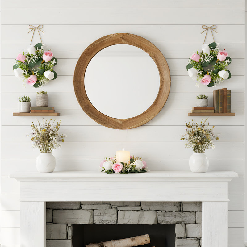 White Rose Candle Ring With Flameless LED Candle Set – 2 Artificial Floral Wreaths & 2 Ivory Pillar Candles For Wedding, Party, Or Home Decor