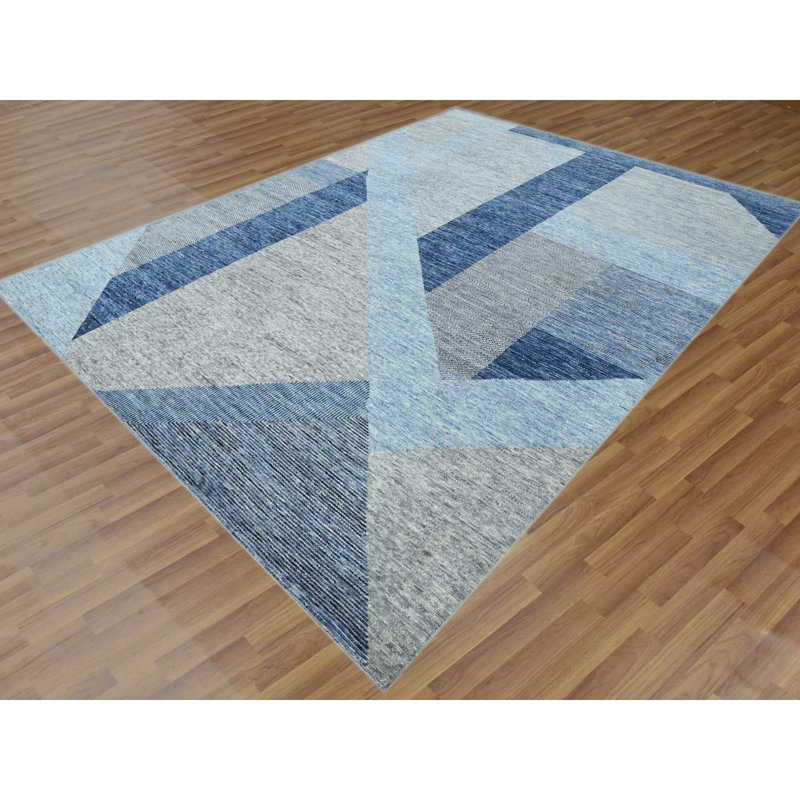Tapis bleu en laine noué à la main de conception unique 9 pi 2 po x 11 pi 10 po New Age Cozad