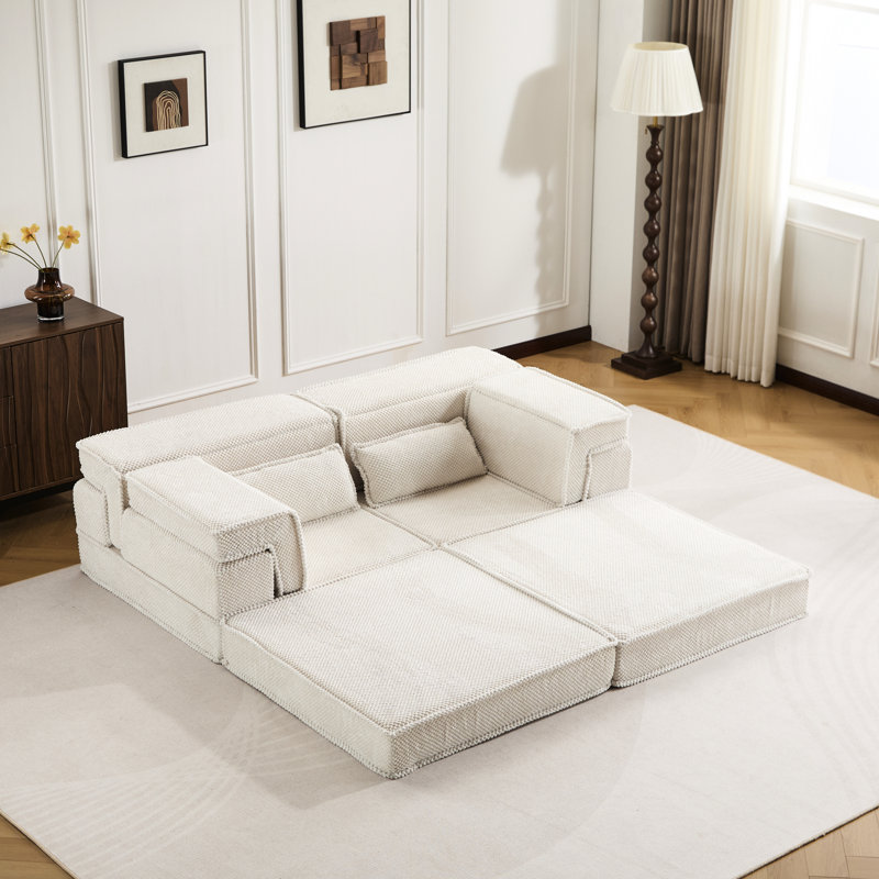 Lit convertible au sol - Mahjong à compression, modulaire bricolage, tissu polaire circulaire, rembourrage en mousse à mémoire de forme, mousse à haute résilience, rembourrage à densité, blanc, sans assemblage avec conception modulaire désossée,