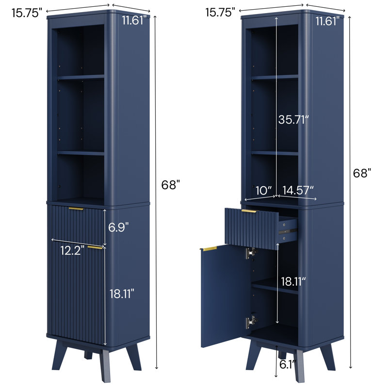 68" Tall Bathroom Storage Cabinet with Adjustable Shelves & Drawer, Navy Blue