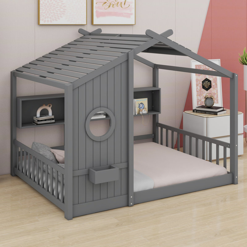 Lit sur pied avec tablette de rangement, gris, Lit double