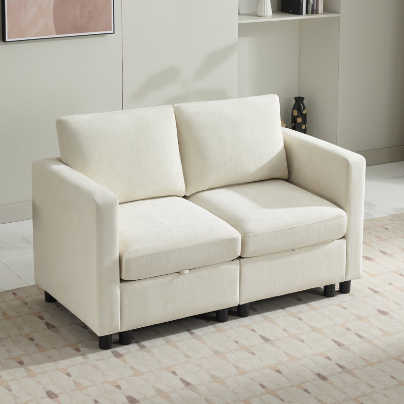 58.3” Upholstered Loveseat Modular Sofa With Under-Seat-Storage, Chenille, Beige Chenille