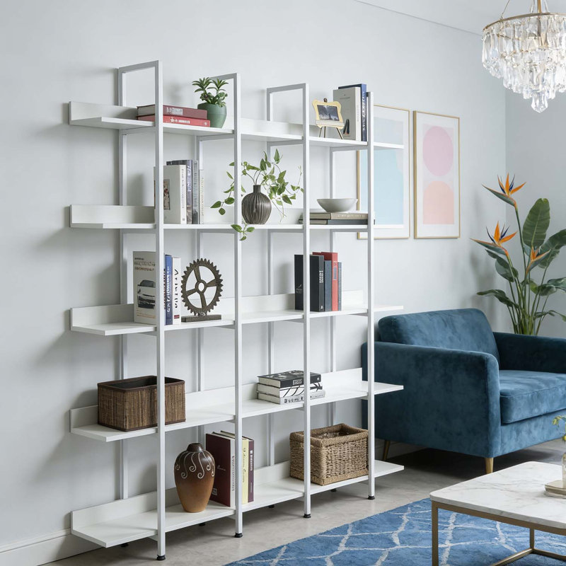 5 Tier Bookcase with Vintage Industrial Style,Open Shelf for Home Office Storage and Display, White