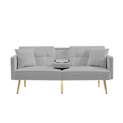 Grey Velvet Bed With Gold Metal Legs - 3 Adjustable Options, Velvety Softness, Wood Construction, Square , 2 Seat Bed, Side Pockets And Cup Holders For Added Relaxation Functionality Futon Legs,