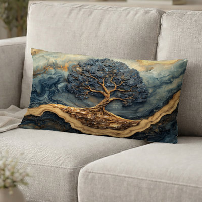 Coussin décoratif arbre de vie - Arbre de vie bleu et or dans un paysage forestier