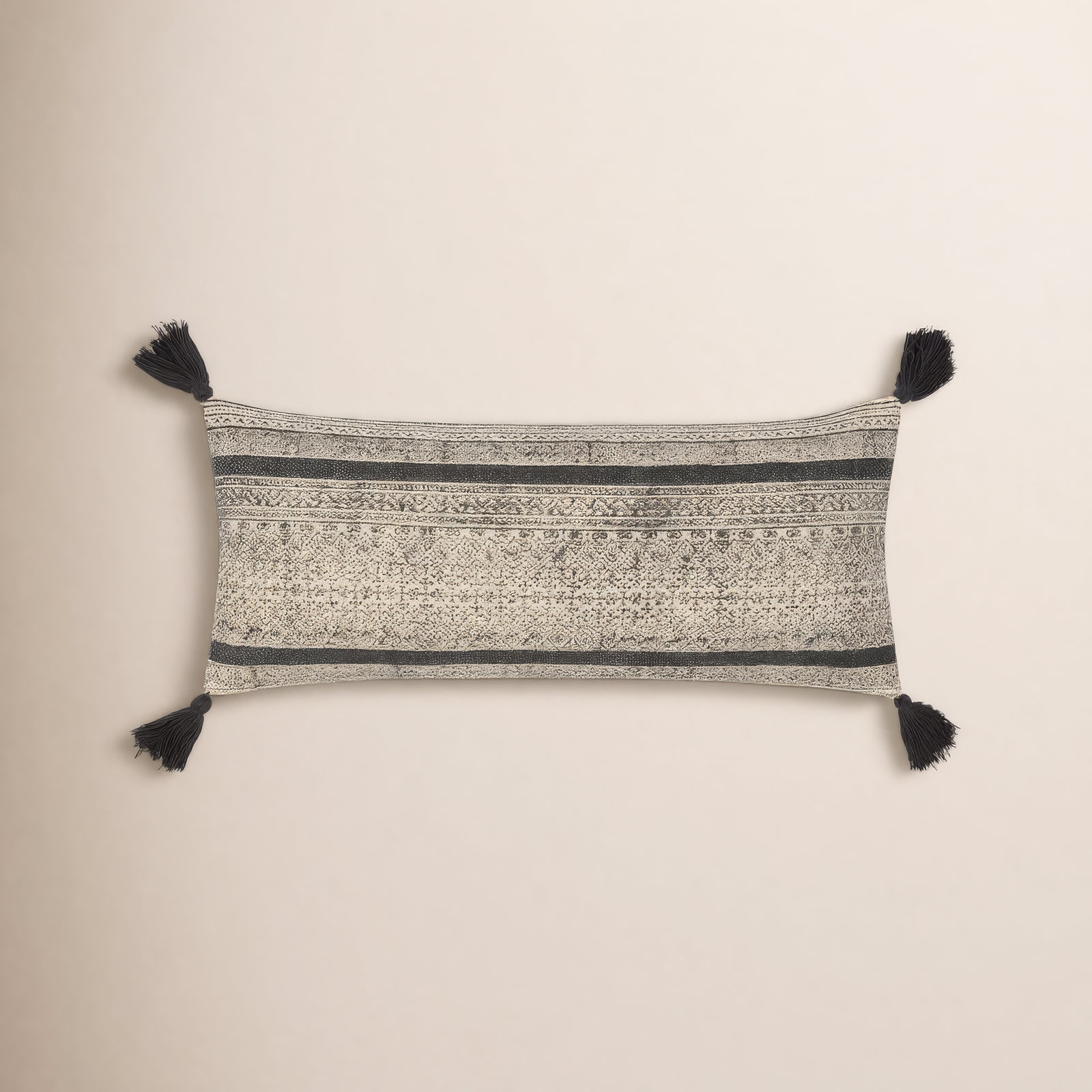 Zetta Tassels Cotton Lumbar Throw Pillow, Pillow Cover Only - No Insert, Beige/Black