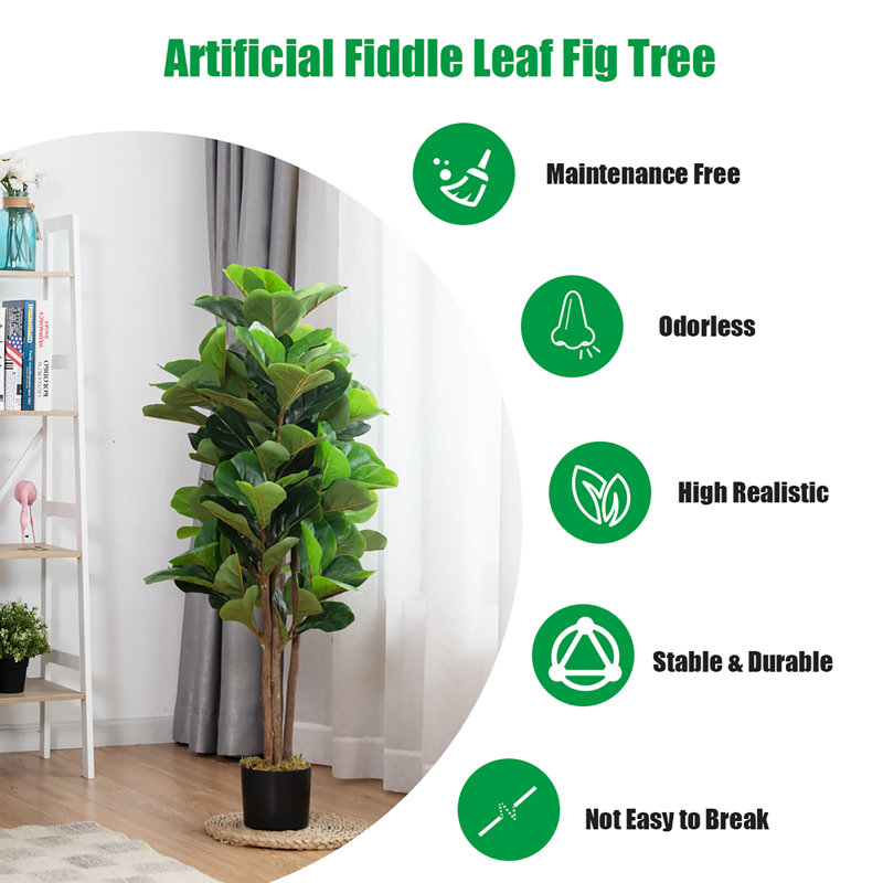 4ft Green Artificial Fiddle Leaf Fig Tree in Black Plastic Pot