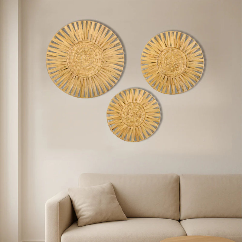 Ensemble de 3 décorations murales en ruppie maritime tissées à la main - motif soleil bohème circulaire