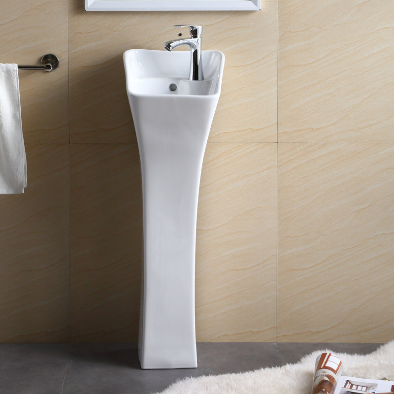 Lavabo sur pied rectangulaire en porcelaine vitrifiée H 34,25 "avec trop-plein, Blanc