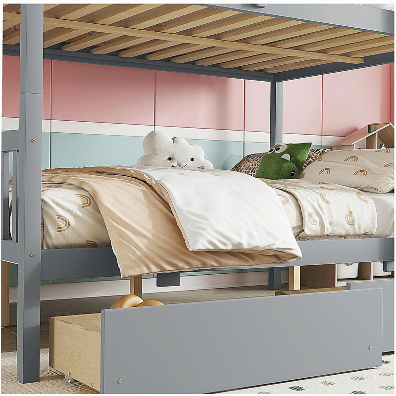 Lit double en bois d'hévéa avec deux tiroirs, convertible en deux lits simples avec échelle et barrière de sécurité, Gris