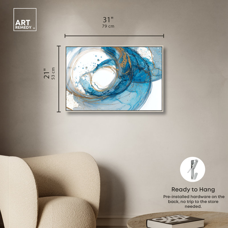 «Ocean Vortex I», impression sur toile encadrée bleue et dorée par Art Remedy, cadre noir, 30 x 20, H 21 po x l 31 po