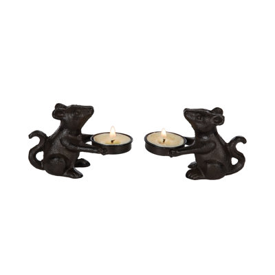 Iron Mouse Tealight Candle Holder, Gold, Metal, Set of 2, Tabletop, Mantel, Living Room, Spring, Home Decoration