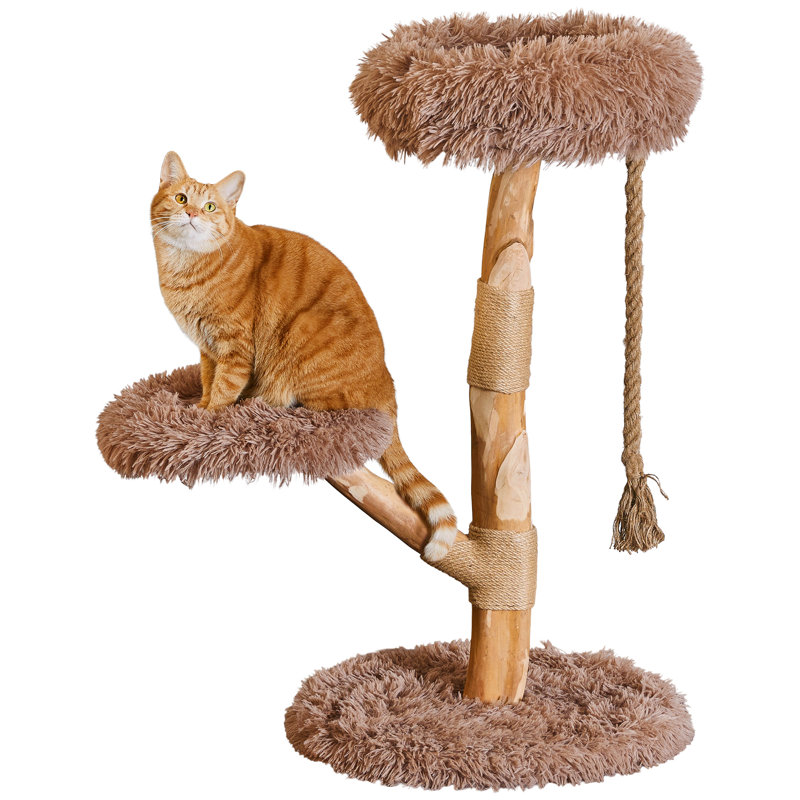 Tour pour arbre à chat moderne de 35,4 pouces, meubles pour chats en bois massif avec 2 plateformes de coussins amovibles et corde suspendue, poteau à griffer - perchoir robuste à plusieurs niveaux pour chats