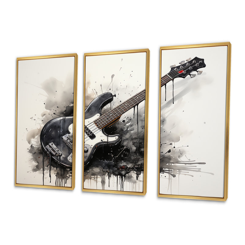 «Brown Charcoal Guitare Vibations II», art mural musique, H 28 po x l 36 po, Cadre flottant doré