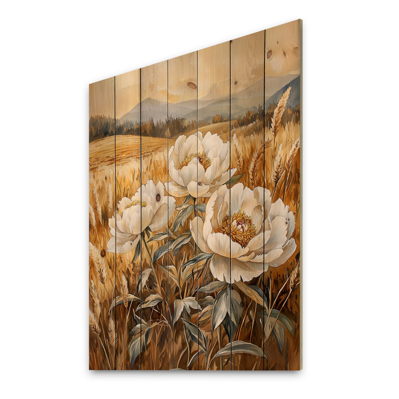Countryside Peonies In The Harvest Field II - Peonies Wood Wall Art - On Natural Pine Wood, 32" H x 24" W x 0.78" D