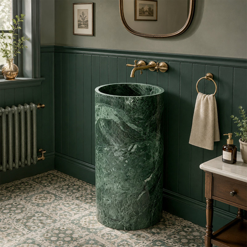 Natural Green Marble Pedestal Bathroom Sink